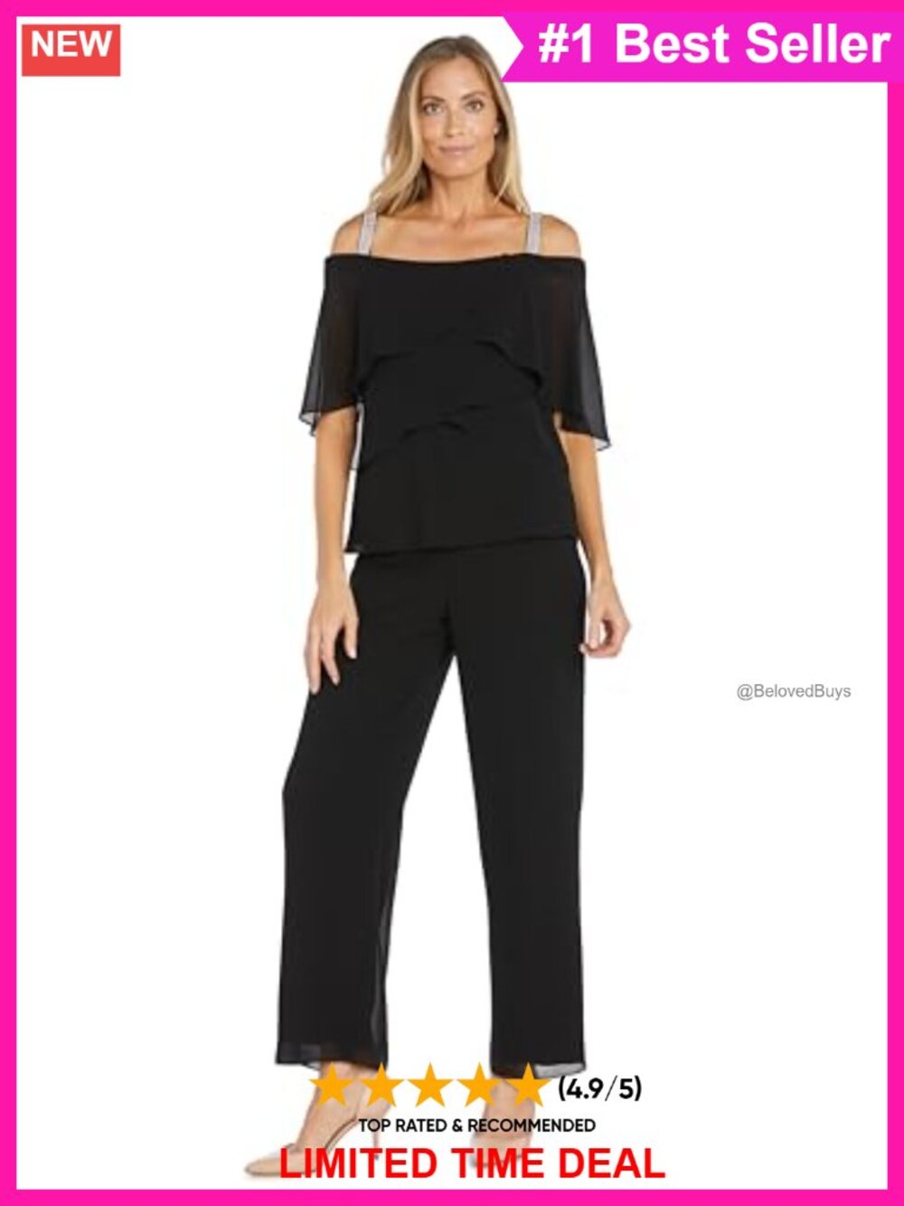 Chiffon Wide Leg Pant Suit Set Tiered Ruffle Top Rhinestone Straps Formal